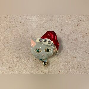 Festive Cat Brooch with Red Hat